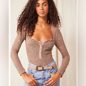 NWT Free People M smocked Confection Long Sleeve Top Lace Mushroom color